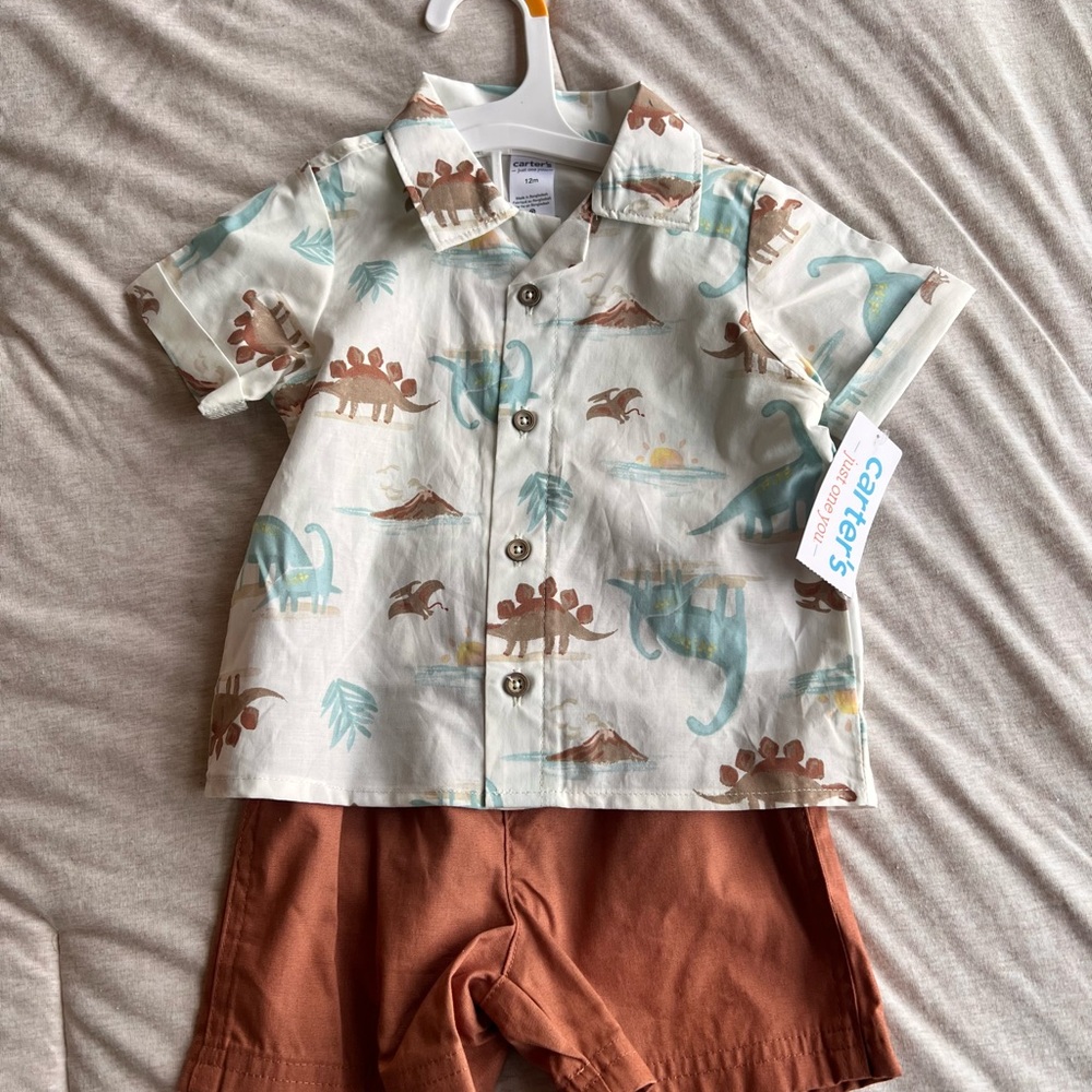 Carter's Dino Print Shirt and Rust Shorts Set